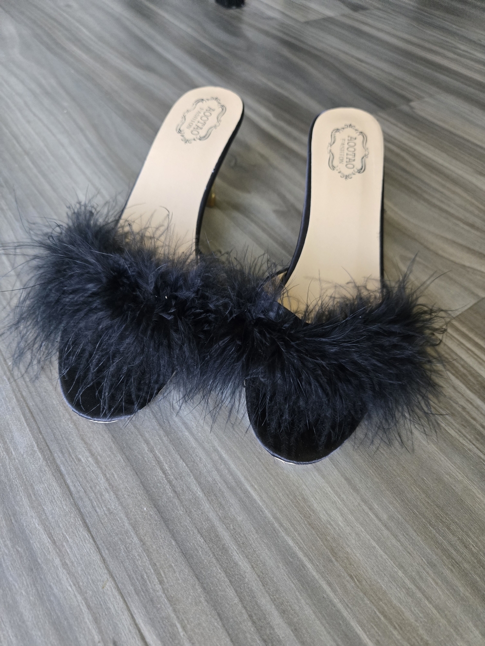 Black Feather Slide Heels